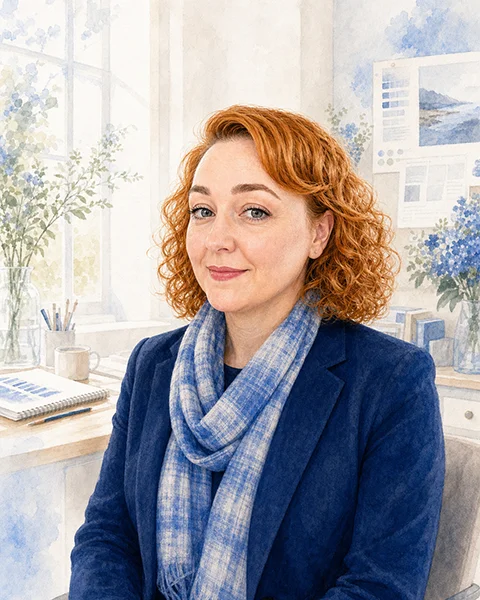 Illustrated professional portrait of Sheila Tulok in her design studio