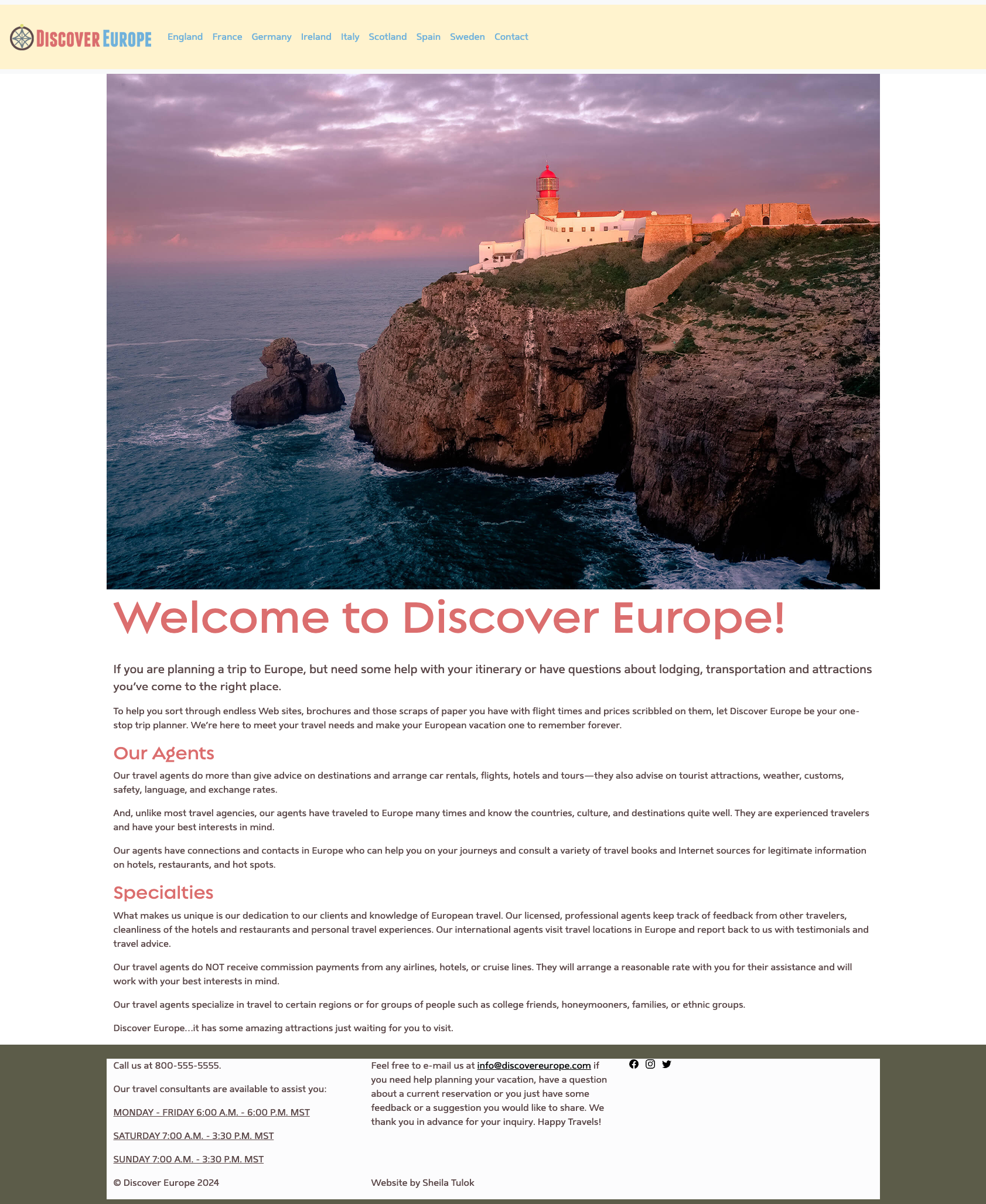 Full-page Discover Europe student website screenshot showing lighthouse hero, travel overview, and footer