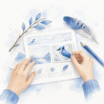 Watercolor illustration of careful hands arranging a polished web design layout