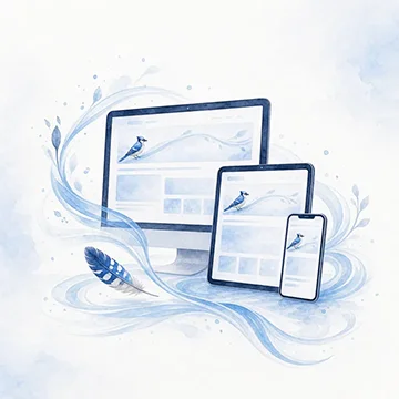 Watercolor illustration of responsive website designs flowing across desktop, tablet, and phone screens