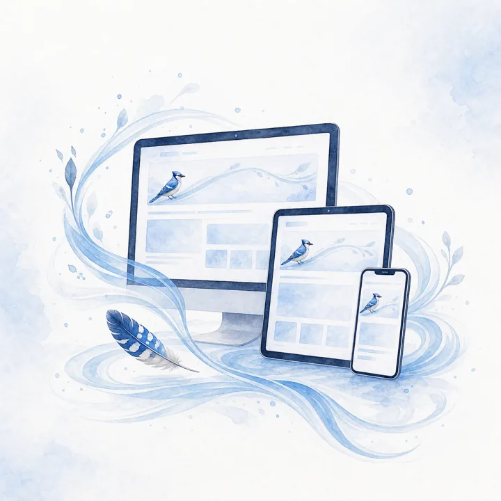 Watercolour illustration of responsive website layouts displayed across desktop, tablet, and phone screens