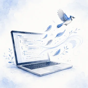 Watercolor illustration of a light laptop with clean code, feathers, and blue jay details