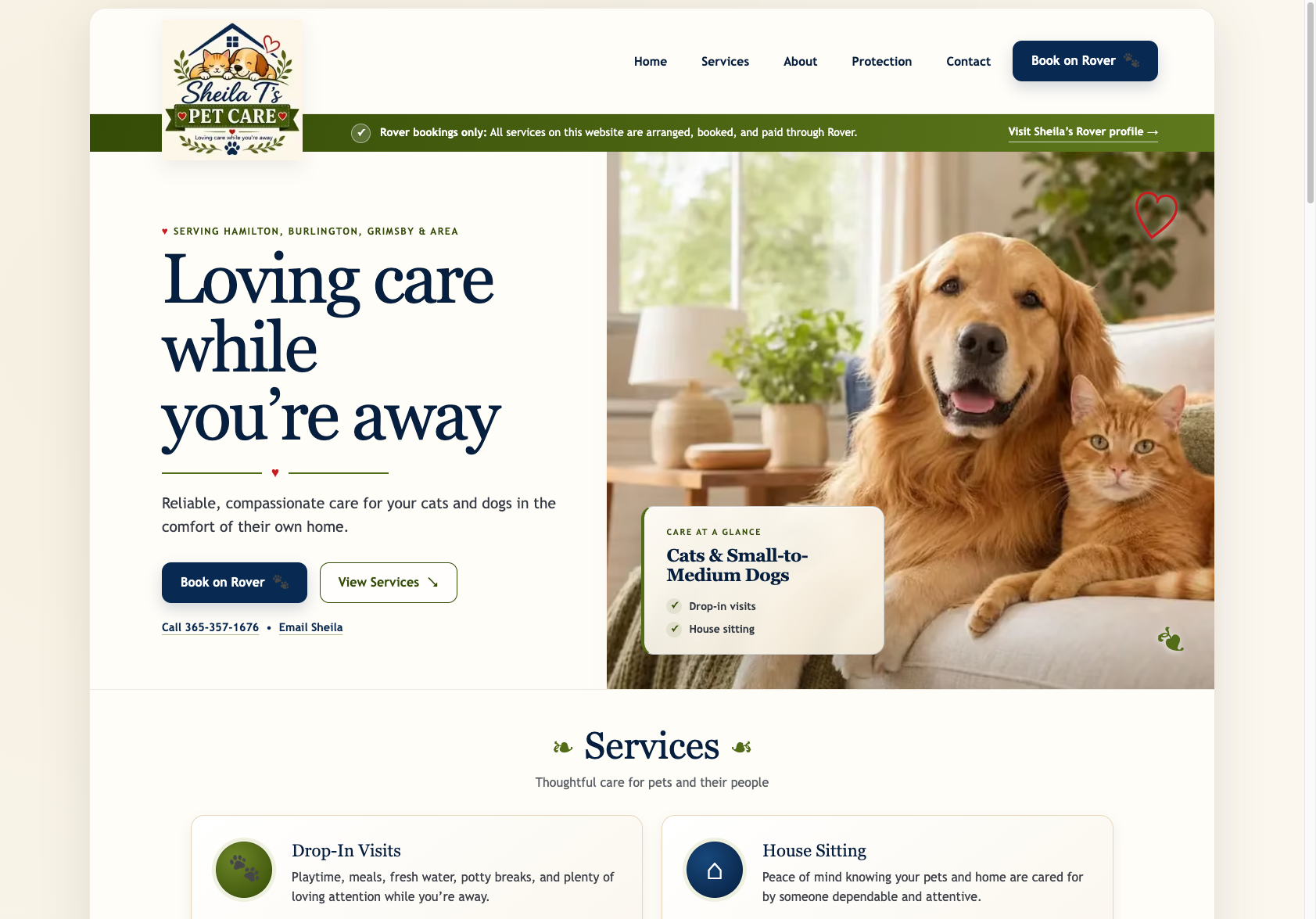 Screenshot of Sheila T's Pet Care Service homepage showing the illustrated pet care logo, welcoming headline, golden retriever and orange cat, and service information