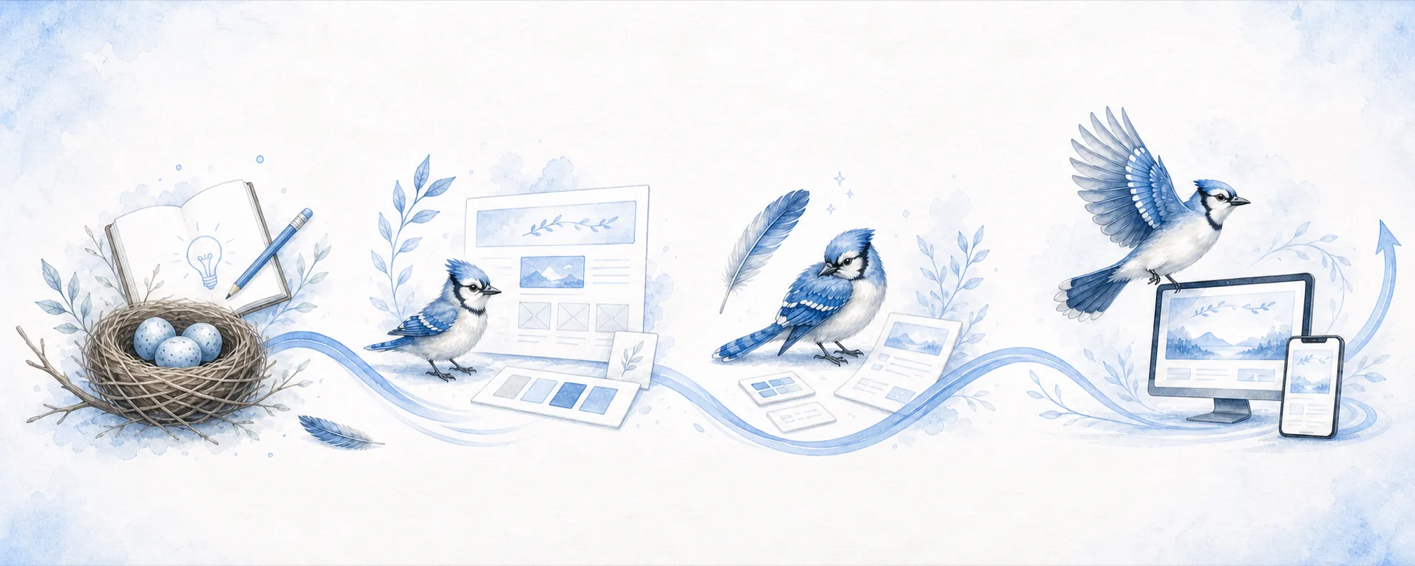 Watercolor journey from a nest and idea sketch to a young blue jay in design, a preening blue jay during refinement, and a launch with a responsive website