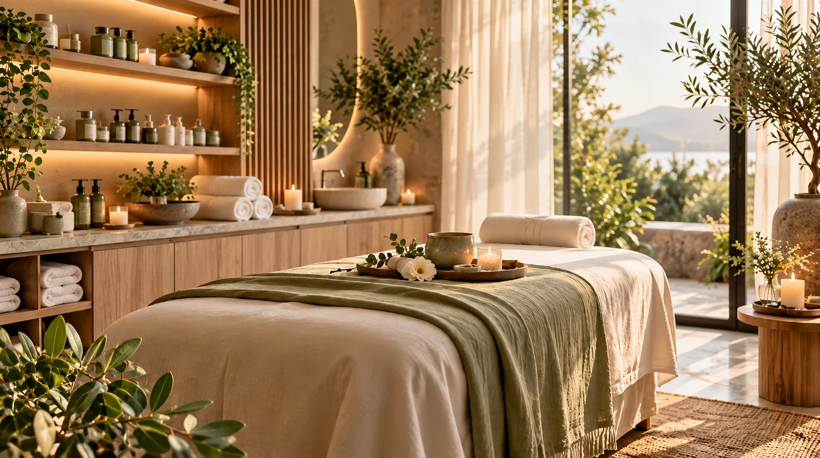 Sapphira spa concept treatment room in warm natural colours
