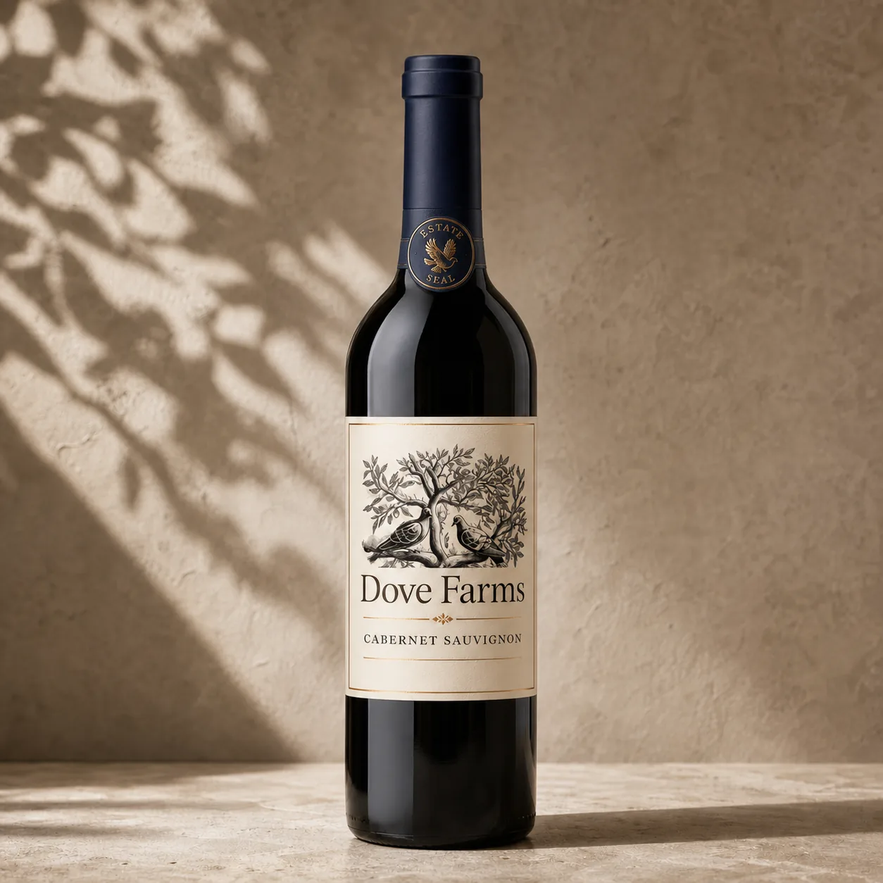 Realistic Dove Farms Cabernet Sauvignon bottle with the two-dove logo and navy estate seal