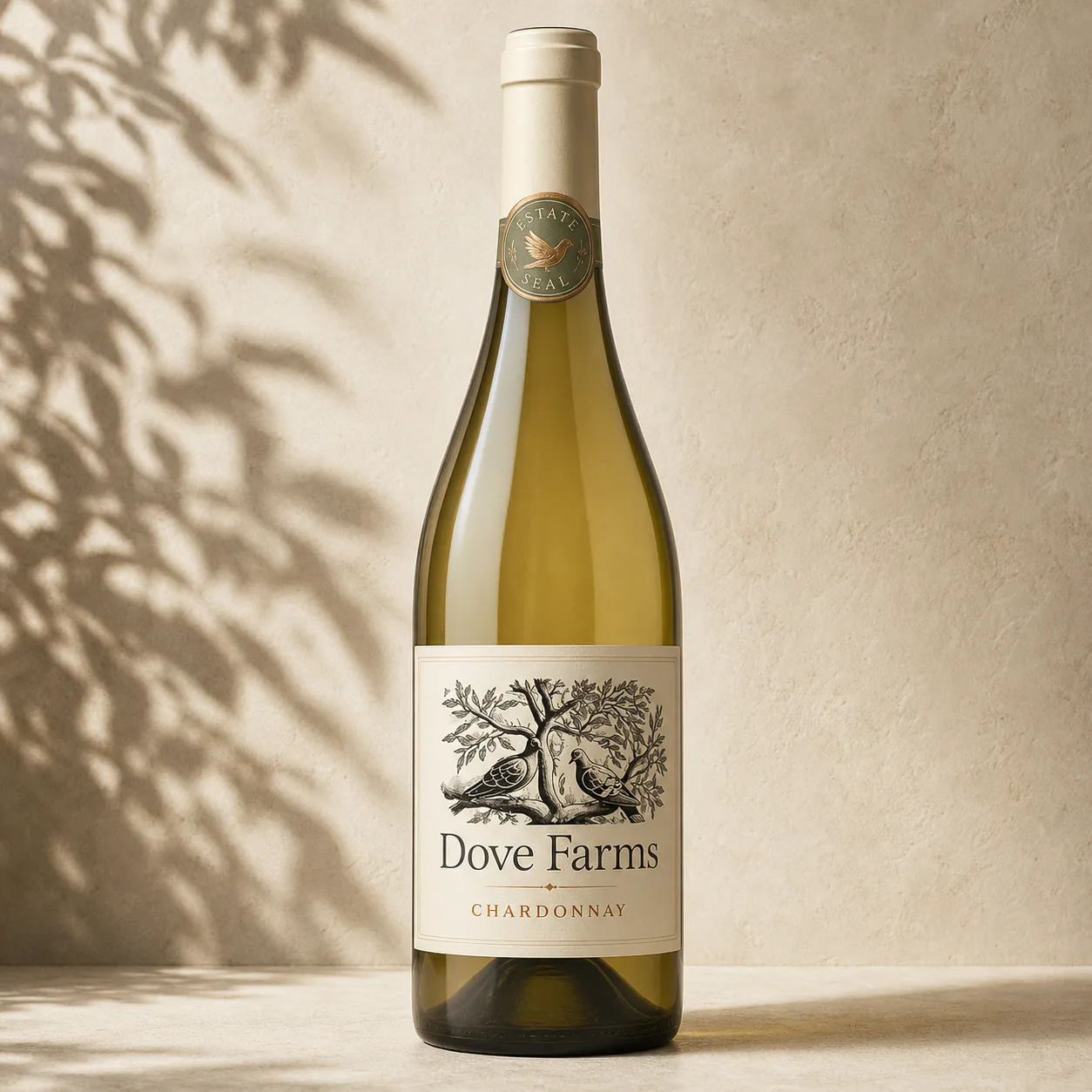 Realistic Dove Farms Chardonnay bottle with the two-dove logo and sage estate seal