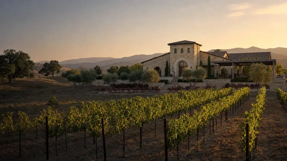 Stone Dove Farms winery estate overlooking vineyard rows in golden evening light