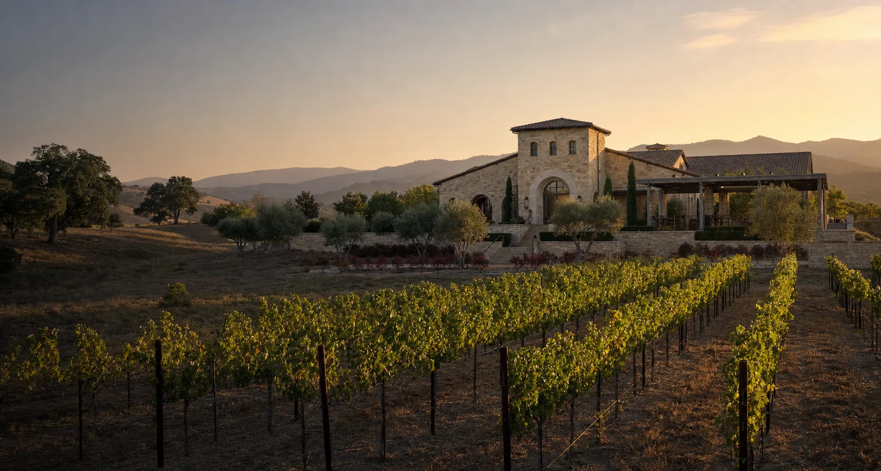 Stone winery estate overlooking vineyard rows in golden evening light