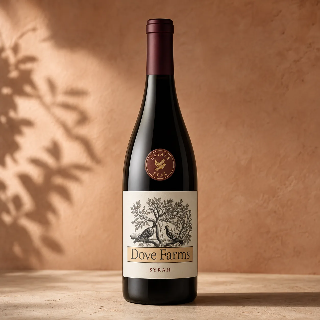 Realistic Dove Farms Syrah bottle with the two-dove logo and burgundy estate seal