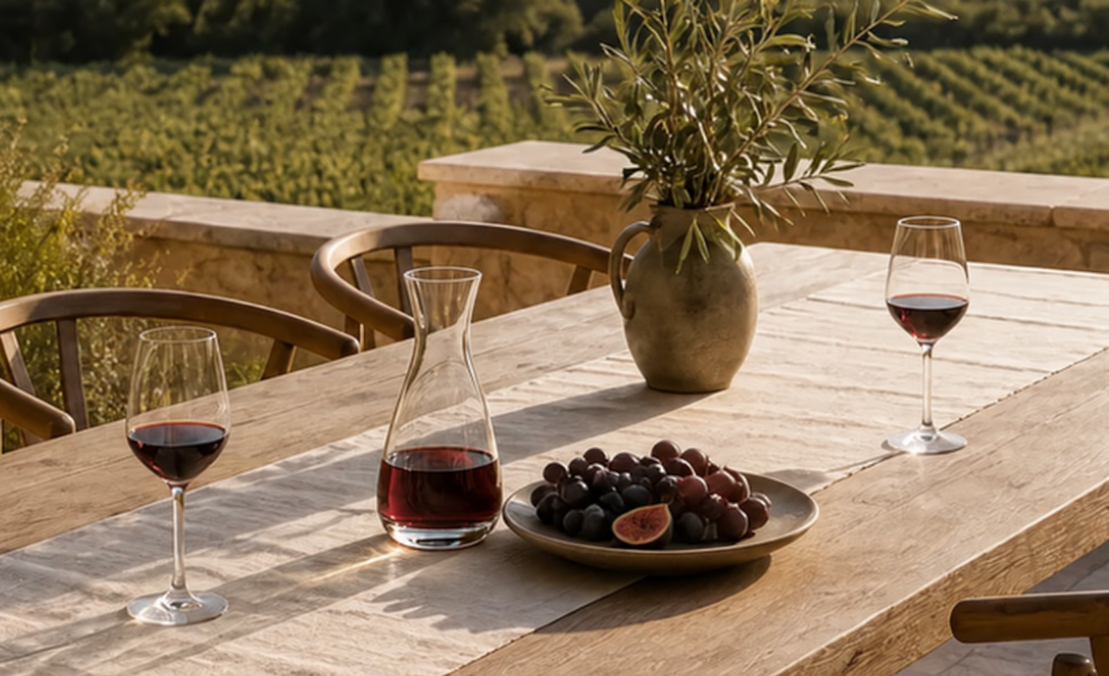 Oak tasting table on a stone terrace overlooking vineyard rows and California hills
