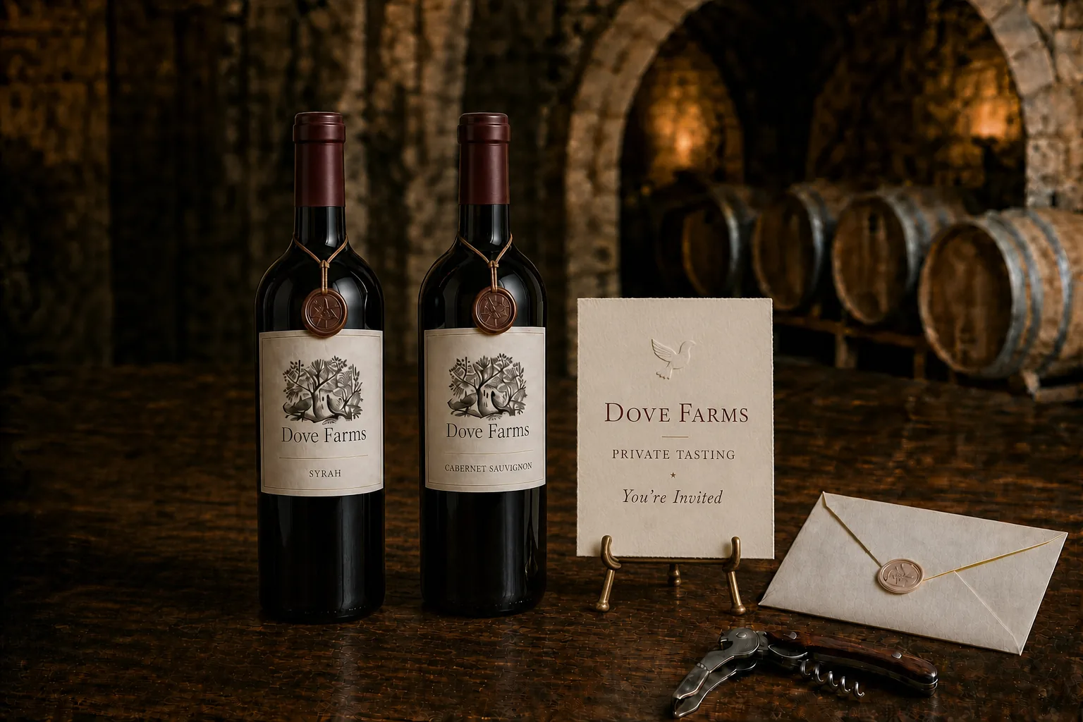 Two upright Dove Farms wine bottles beside a printed private tasting invitation on a brass easel and a sealed envelope in a wine cellar