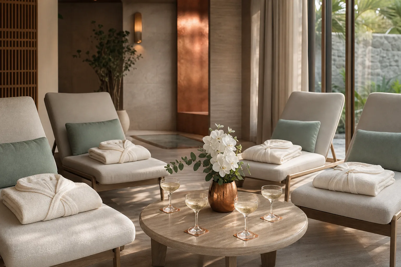 Spa lounge prepared for a small celebration with robes, flowers, and four champagne coupes