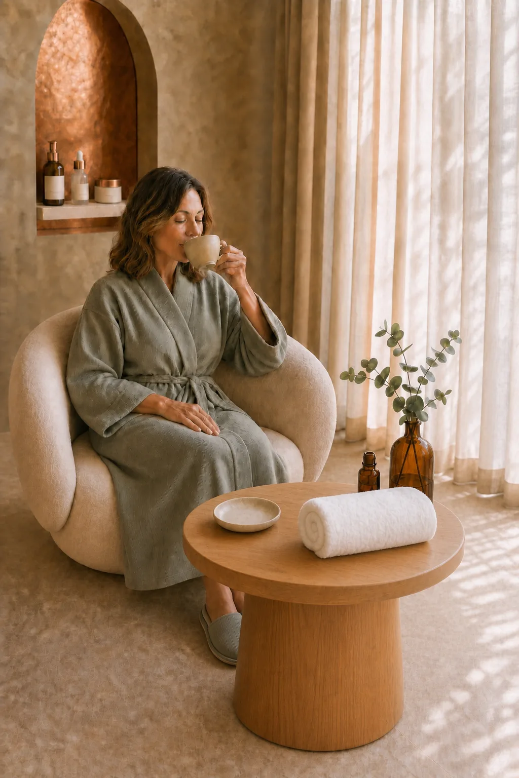 Relaxed spa guest in a sage robe drinking tea behind a table with a rolled towel and natural spa products