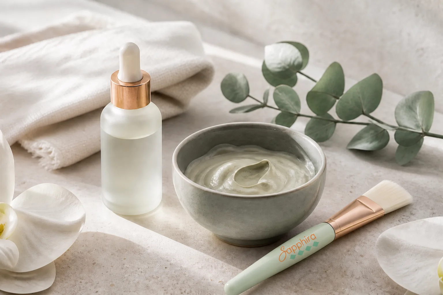 Botanical facial serum, ceramic treatment bowl, Sapphira mask applicator, and eucalyptus