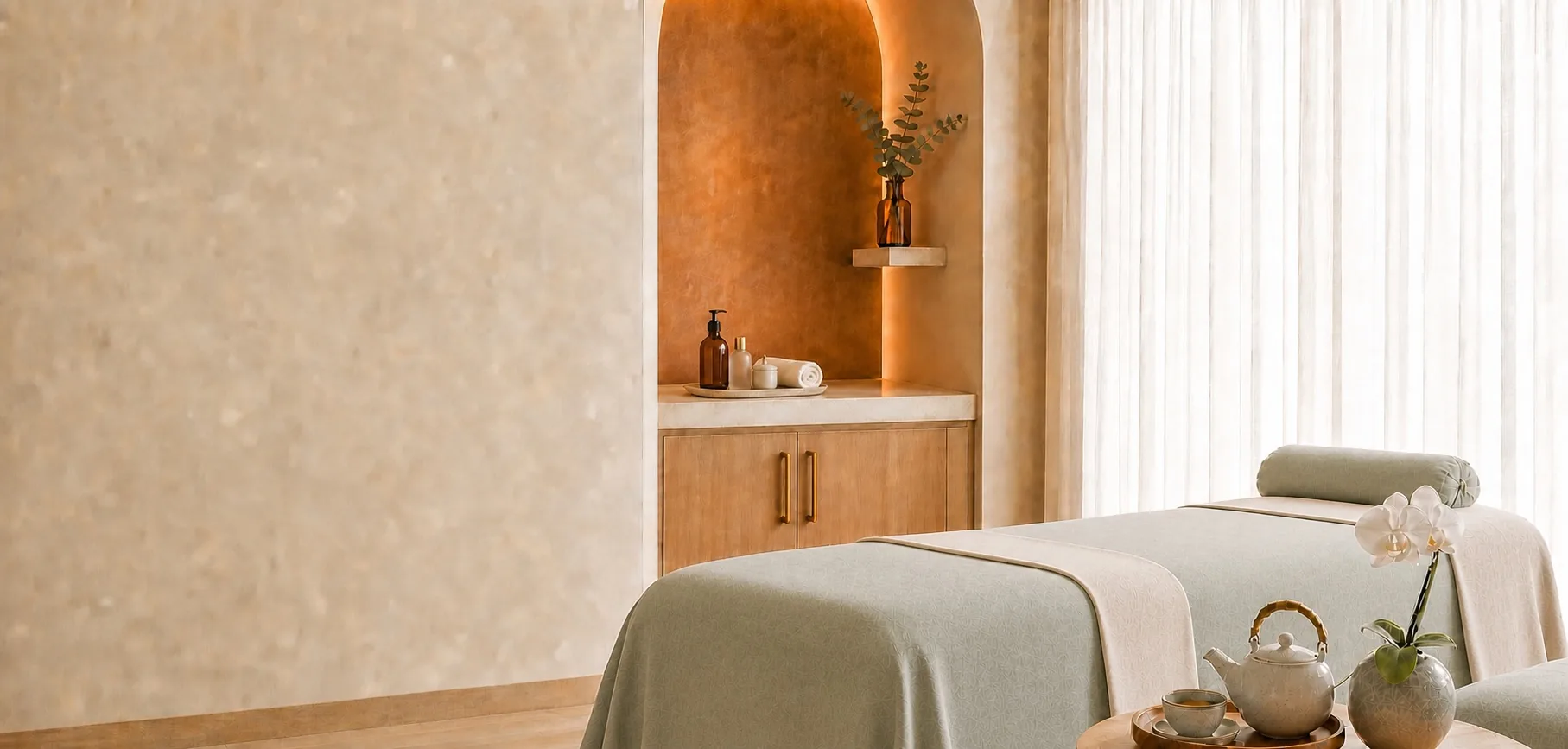 Sunlit spa treatment room with neatly smoothed mint linens, a pale-oak cabinet topped with natural spa products, an amber eucalyptus vase, and softly glowing closed curtains