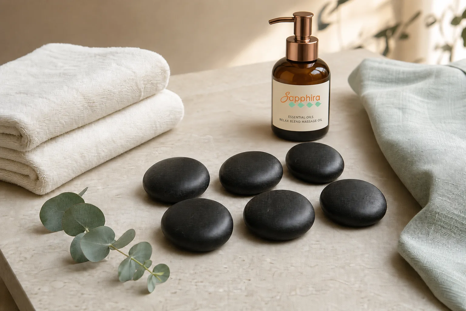 Sapphira essential-oils relax-blend massage oil, folded towels, hot stones, and eucalyptus