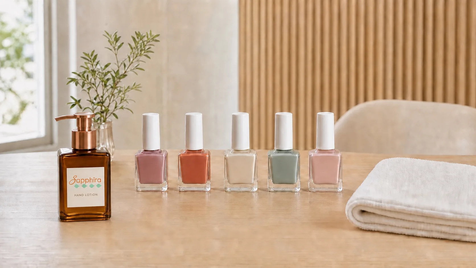 Sapphira-logo hand lotion and five sleek natural-colour nail polishes arranged beside a folded towel